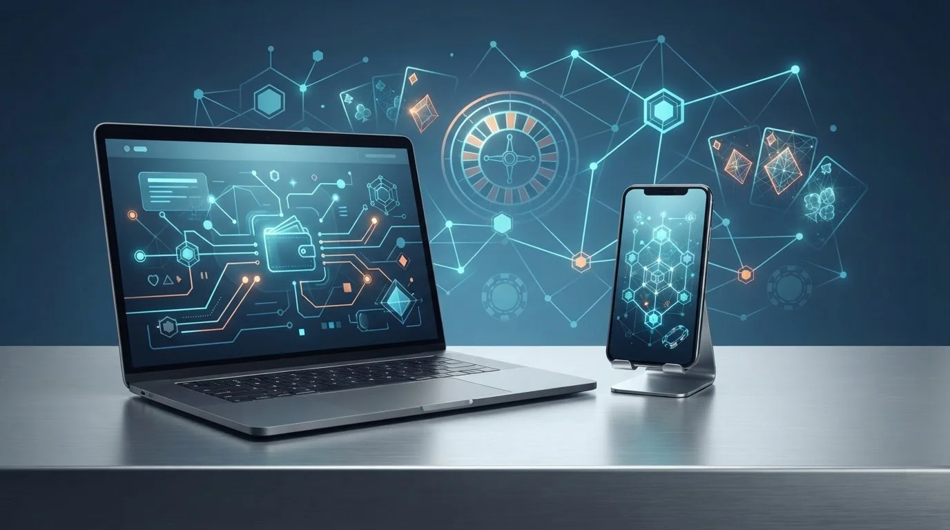 Laptop and mobile device connected by abstract crypto payment and casino game motifs