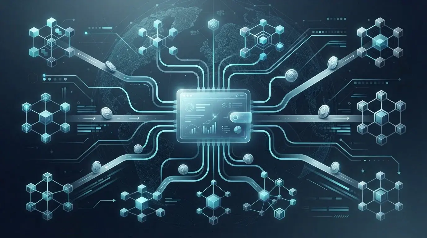 Digital wallet linked to several blockchain payment rails and transaction nodes