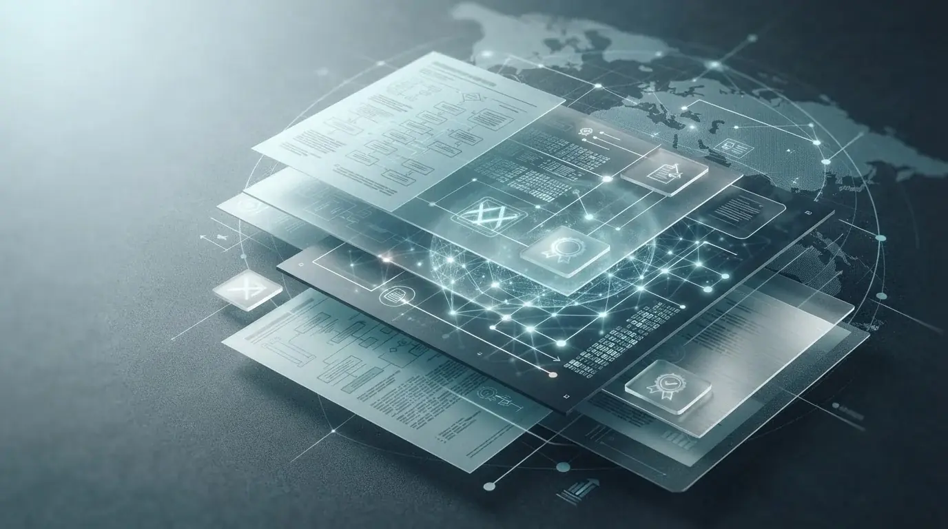Abstract regulatory documents beside a secure digital ledger and verification markers