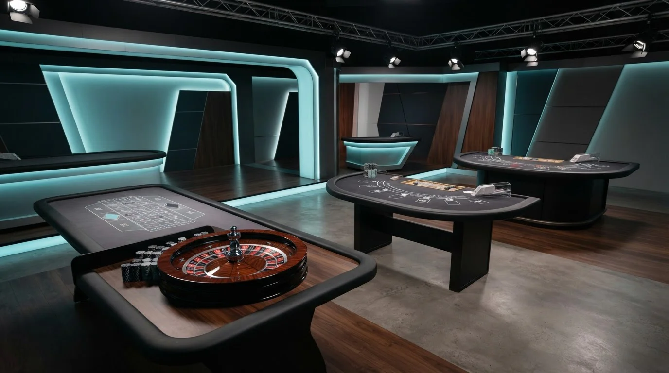 Empty live casino studio with illuminated roulette and card tables